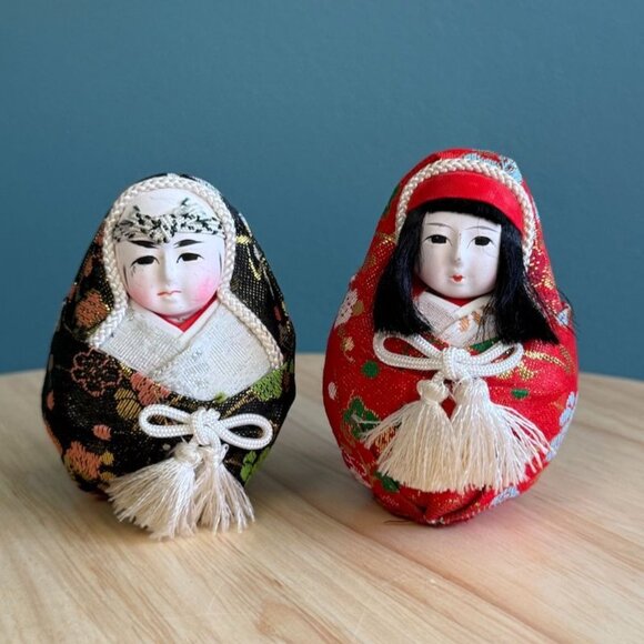 Vintage Japanese Wedding Doll Couple Roly-Poly Hime Daruma Gofun Face 4.5" Tall - Picture 1 of 10
